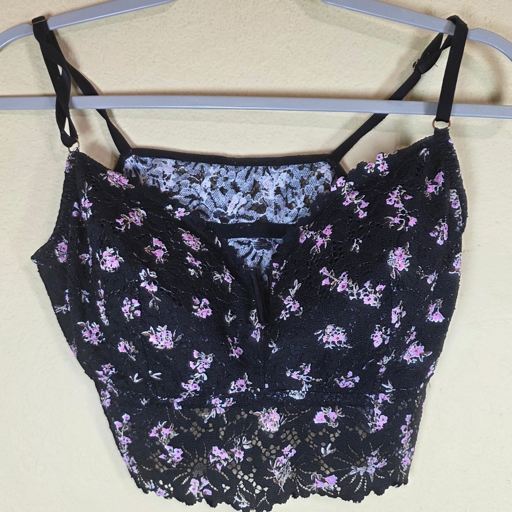 PINK Victoria's Secret Black Floral Lace Longline Bralette‎ crop top